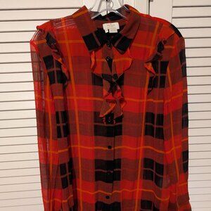 Kate Spade Plaid Silk Chiffon Ruffled Blouse, Size 10